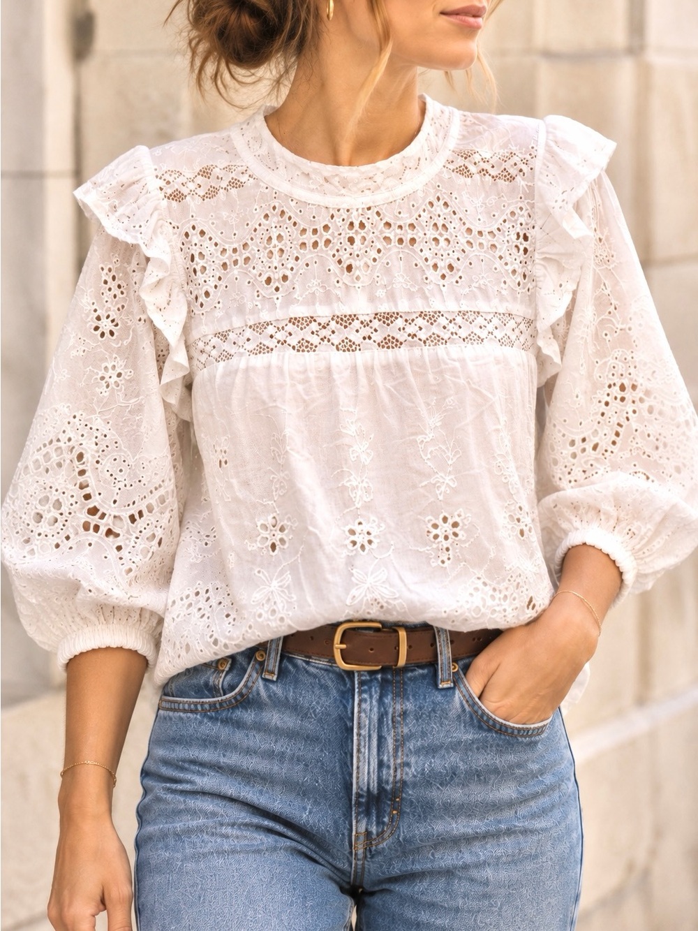 Jennifer & Grace White Eyelet Embroidered Cotton Blouse XL Cottagecore